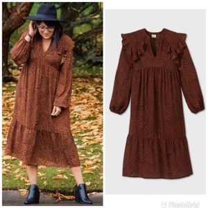 Tiger Print Ruffle V-neck Dress Long Sleeve